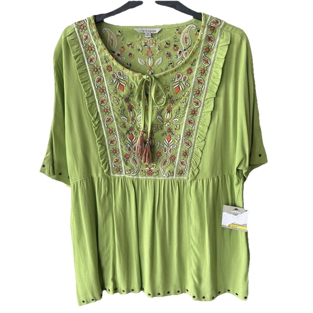 New John Mark Embroidered Top M  Green Tassel Neck Tie Grommets Ruffle